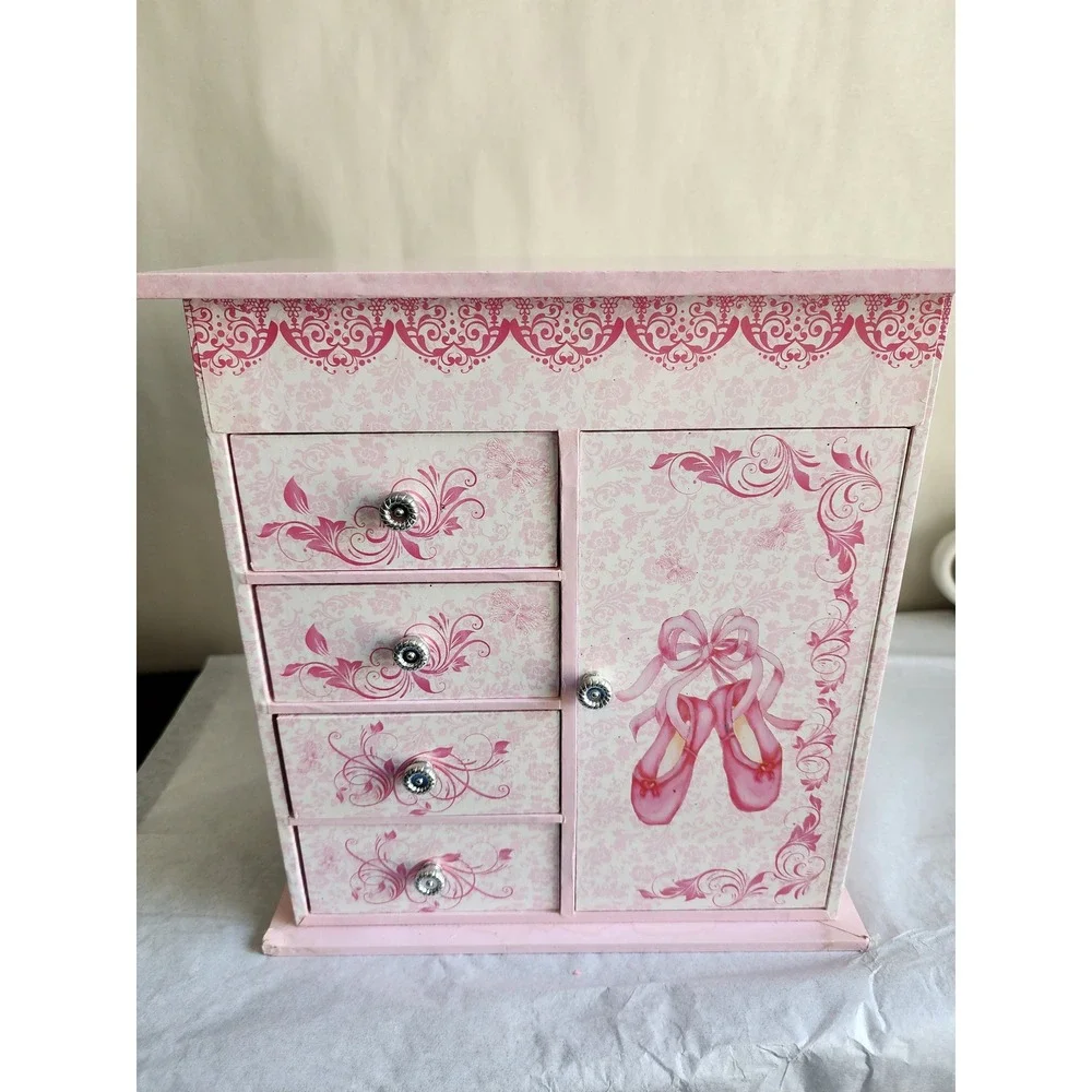 Ballerina Musical Jewelry Box Pink Damask Ballet Slippers Drawers Carousel